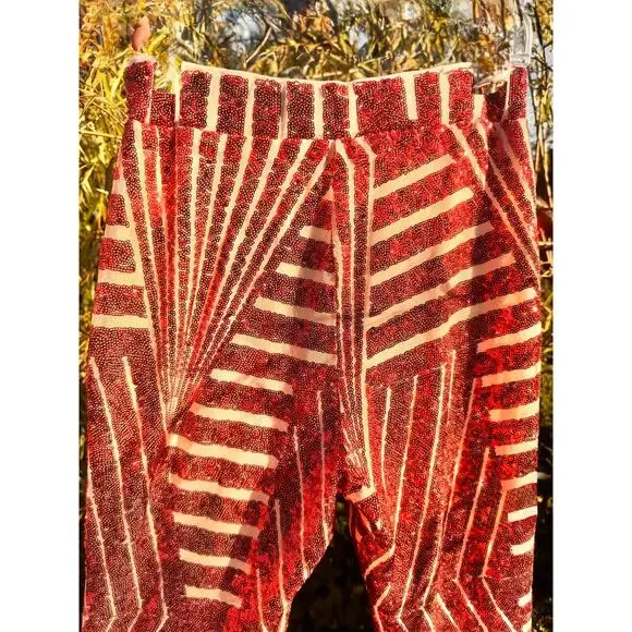 Red & Orange screaming stretch sequin flared stretch pants (125) - Picture 4 of 11